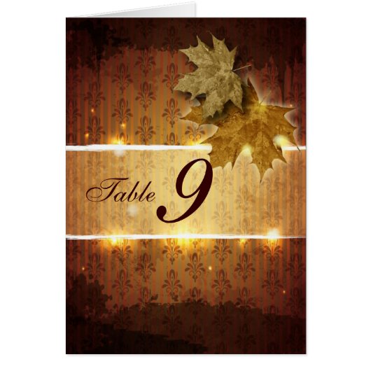 Damask Golden Blätter Hochzeitskarte Tischnummer (Vorne)