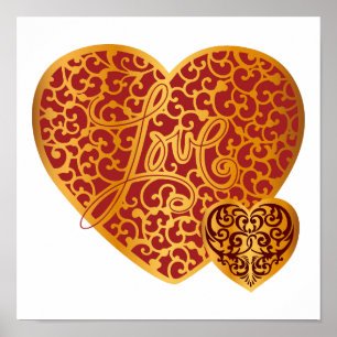 Damask Golden Liebe Rotes Herz Poster