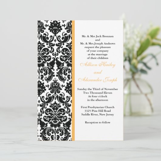 Damask Golden Yellow accent Hochzeit Einladung (Stehend Vorderseite)
