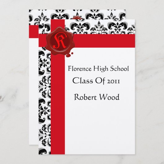 DAMASK GRADUATION PARTY Red Wax Siegel Monogram Einladung (Vorne/Hinten)