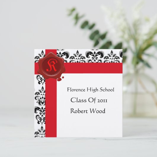DAMASK GRADUATION PARTY Red Wax Siegel Monogram Einladung (Stehend Vorderseite)