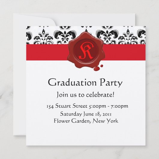 DAMASK GRADUATION PARTY Red Wax Siegel Monogram Einladung (Rückseite)