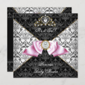 Damask Gray Baby Shower Girl Black Pink Princess Einladung (Vorne/Hinten)