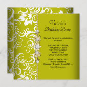 Damask Green Avocado White Birthday Party Gold Einladung (Vorne/Hinten)