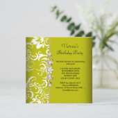 Damask Green Avocado White Birthday Party Gold Einladung (Stehend Vorderseite)
