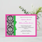 Damask Green Bow mit Hot Pink Wedding Einladung (Stehend Vorderseite)