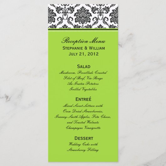 Damask Green Wedding Menu Rack Card Menükarte (Vorderseite)