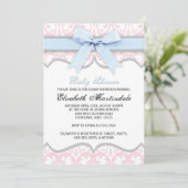 Damask Heart Blue Pink Baby Dusche Einladung (Stehend Vorderseite)