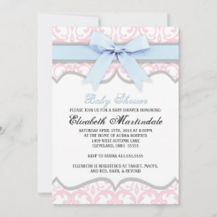 Damask Heart Blue Pink Baby Dusche Einladung