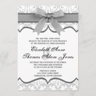 Damask Herz mit grauer Ribbon Hochzeit Einladung