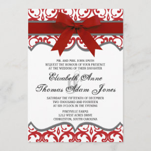 Damask Herz mit Red Ribbon Hochzeit Einladung