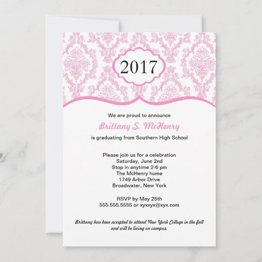 Damask High School Abschluss Einladung Rosa (Vorderseite)