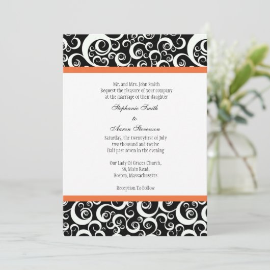 Damask Hochzeit Einladung mit Orange (Stehend Vorderseite)
