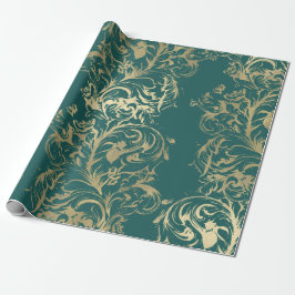 Damask Imitate Gold Royal Metallic Aquamarine Hütt Geschenkpapier