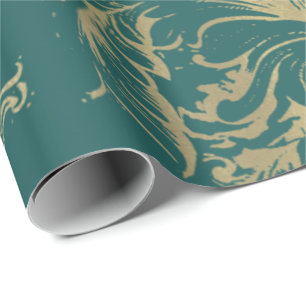 Damask Imitate Gold Royal Metallic Aquamarine Hütt Geschenkpapier