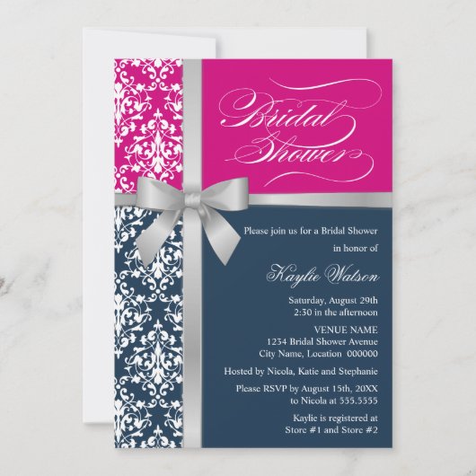 Damask Imitate Silber Ribbon Navy Pink Brautparty Einladung (Vorderseite)