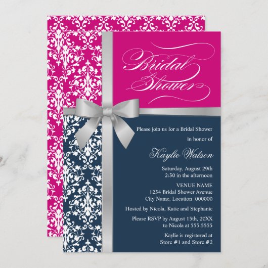 Damask Imitate Silber Ribbon Navy Pink Brautparty Einladung (Vorne/Hinten)