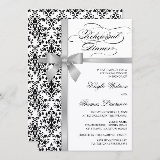 Damask Imitate Silber Ribbon Probe Abendessen Einladung (Vorne/Hinten)