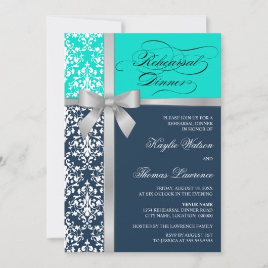 Damask Imitate Silber Ribbon Probe Abendessen Einladung (Vorderseite)
