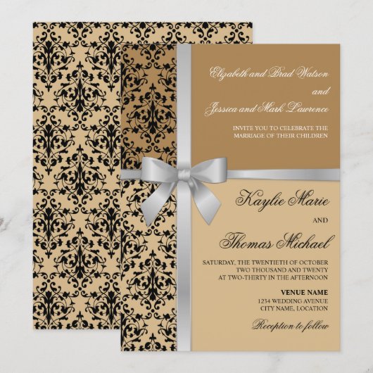 Damask Imitate Silver Ribbon Herbsthochzeit Einladung (Vorne/Hinten)