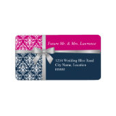 Damask Imitate Silver Ribbon Navy Blue Fuchsia Adressaufkleber (Vorne)