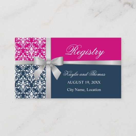 Damask Imitate Silver Ribbon Navy Blue Fuchsia Begleitkarte (Vorderseite)