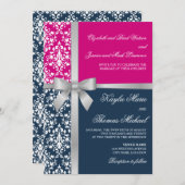 Damask Imitate Silver Ribbon Navy Fuchsia Hochzeit Einladung (Vorne/Hinten)