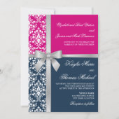 Damask Imitate Silver Ribbon Navy Fuchsia Hochzeit Einladung (Vorderseite)