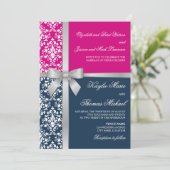 Damask Imitate Silver Ribbon Navy Fuchsia Hochzeit Einladung (Stehend Vorderseite)