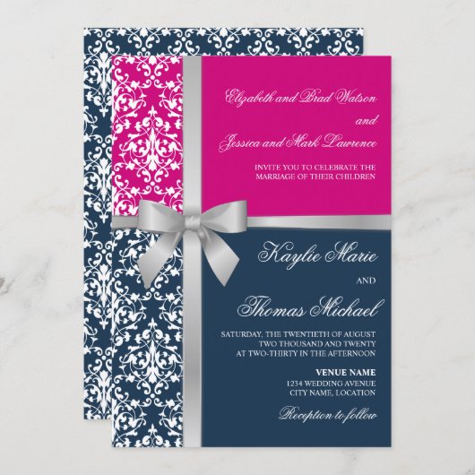Damask Imitate Silver Ribbon Navy Fuchsia Hochzeit Einladung (Vorne/Hinten)