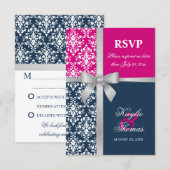 Damask Imitate Silver Ribbon Navy Hochzeit RSVP Karte (Vorne/Hinten)