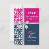 Damask Imitate Silver Ribbon Navy Hochzeit RSVP Karte (Vorderseite)