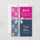 Damask Imitate Silver Ribbon Navy Hochzeit RSVP Karte (Vorderseite)