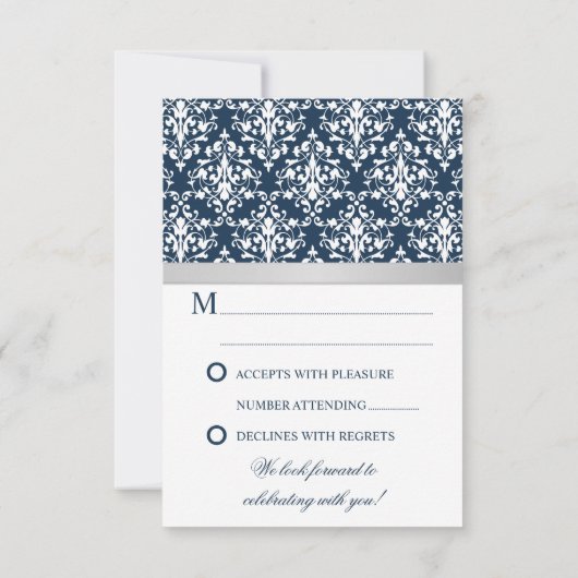 Damask Imitate Silver Ribbon Navy Hochzeit RSVP Karte (Rückseite)