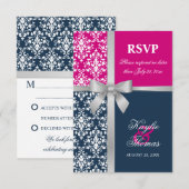 Damask Imitate Silver Ribbon Navy Hochzeit RSVP Karte (Vorne/Hinten)