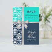 Damask Imitate Silver Ribbon Navy Hochzeit RSVP Karte (Stehend Vorderseite)