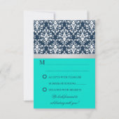 Damask Imitate Silver Ribbon Navy Hochzeit RSVP Karte (Rückseite)