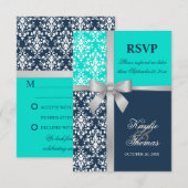 Damask Imitate Silver Ribbon Navy Hochzeit RSVP Karte (Vorne/Hinten)