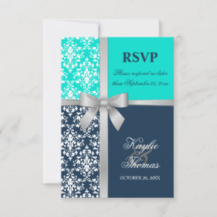 Damask Imitate Silver Ribbon Navy Hochzeit RSVP Karte