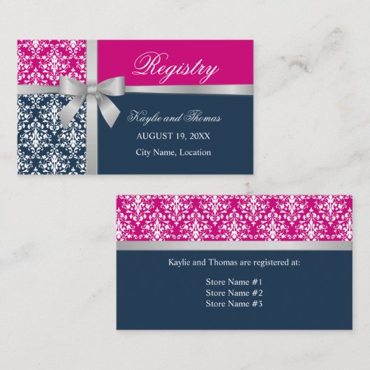 Damask Imitats Slide Ribbon Navy Blue Fuchsia Beil Visitenkarte (Vorne/Hinten)