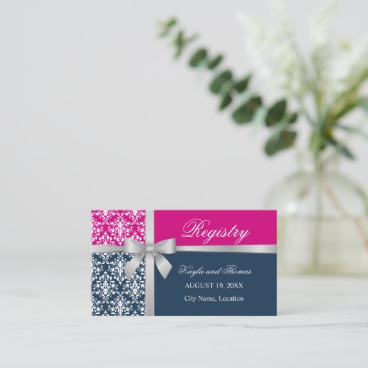 Damask Imitats Slide Ribbon Navy Blue Fuchsia Beil Visitenkarte (Stehend Vorderseite)