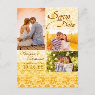 Damask Lace Golden Yellow Foto Save the Date Ankündigungspostkarte