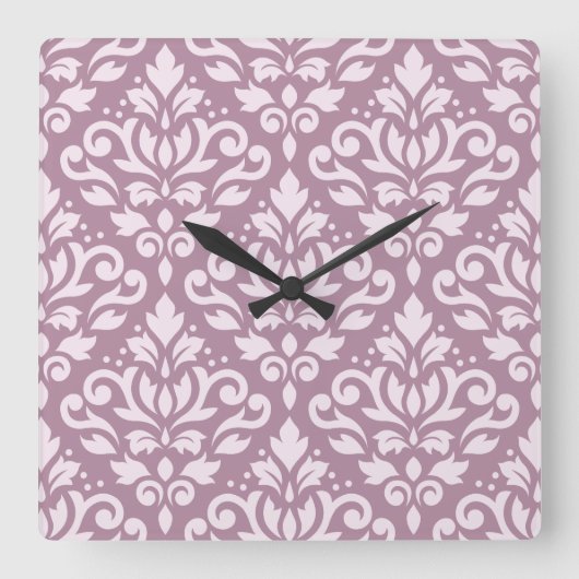 Damask Large Pattern Pink on Mauve Quadratische Wanduhr (Vorderseite)