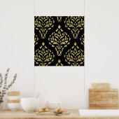 Damask Leafy Baroque Muster Schwarz & Golds Poster (Küche)