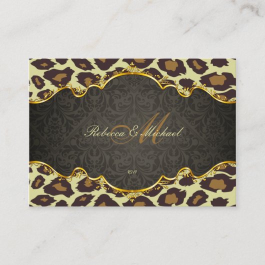 Damask Leopard Monogram Wedding RSVP Cards Begleitkarte (Vorderseite)