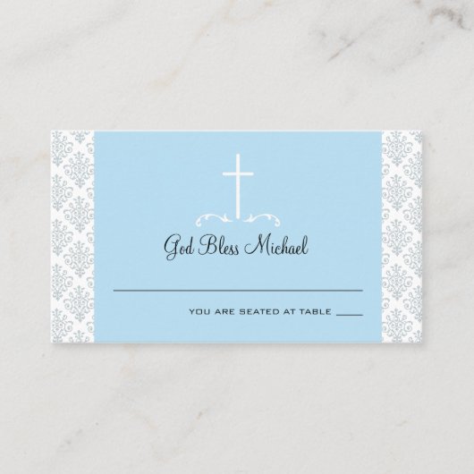 Damask Light Blue Cross Sitzkarte Platzkarte (Vorderseite)