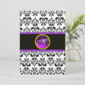 DAMASK LILA AMETHYST MONOGRAM, Schwarz und Gold Einladung (Stehend Vorderseite)
