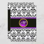 DAMASK LILA AMETHYST MONOGRAM, Schwarz und Gold Einladung (Vorne/Hinten)