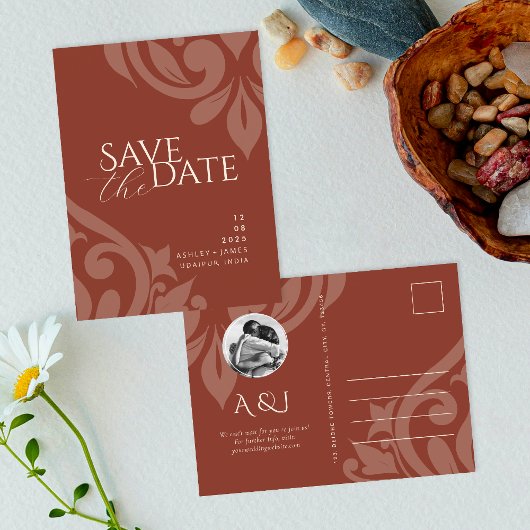 Damask Lush Sienna Foto Hochzeit Sichern Sie das D Ankündigungspostkarte