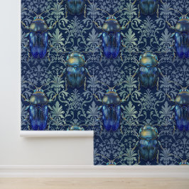 Damask luxuriöse Textur des grünen, blauen Insekte Tapete